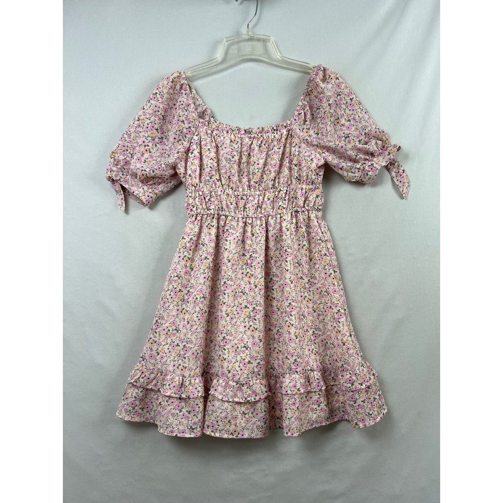 Lush Mini Dress Womens XS Lilac Daisy Floral Smocked Puff Sleeve Tiered Ruffle